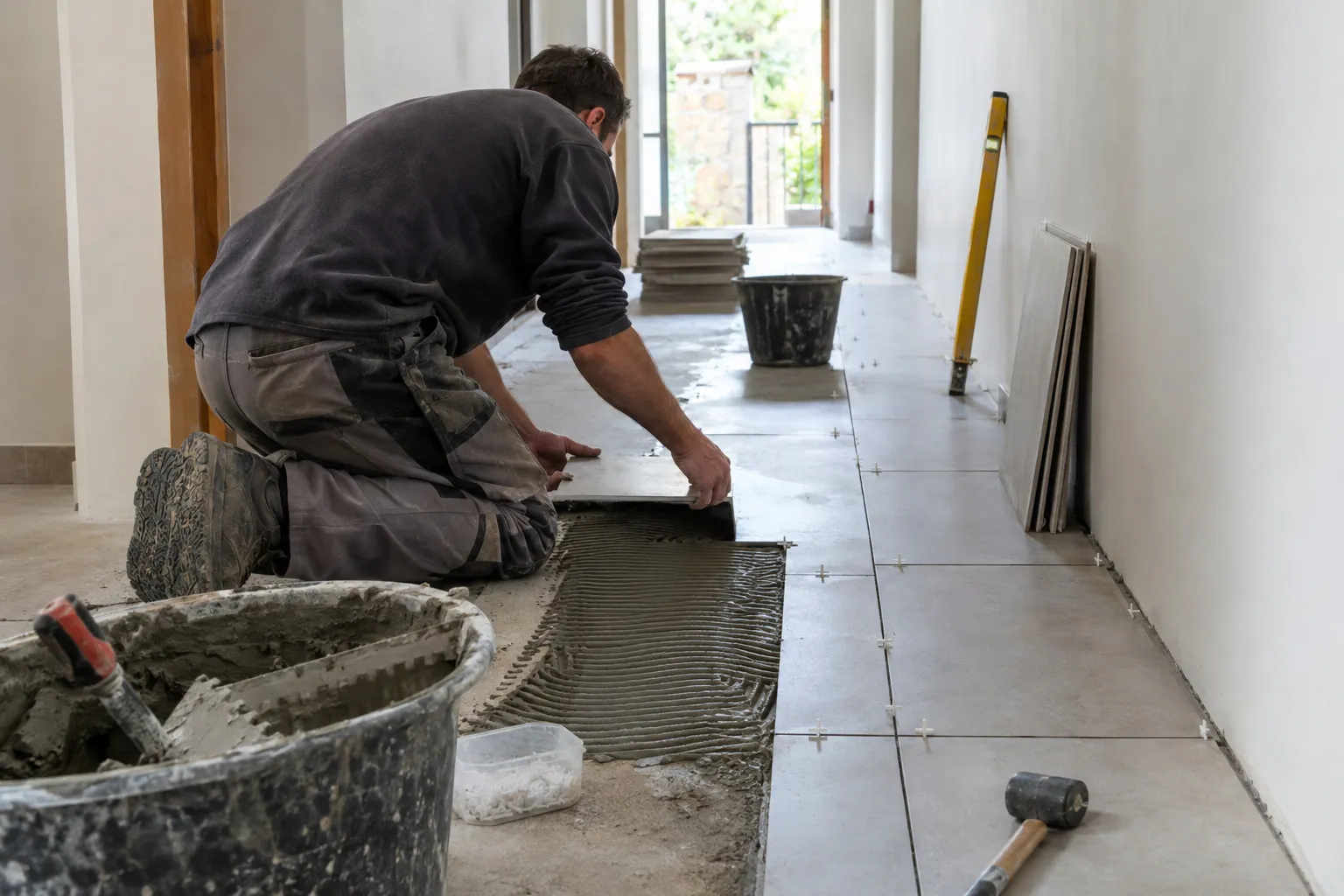 Carreleur à genoux posant des carreaux dans une entrée, colle fraîche et croisillons