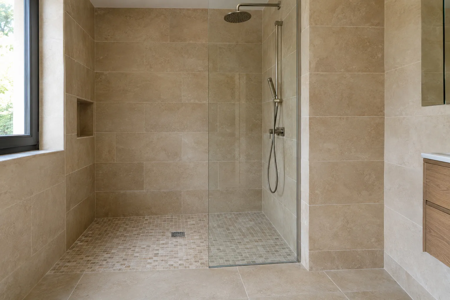 Douche à l'italienne carrelée, mosaïque de sol et faïence ton sable