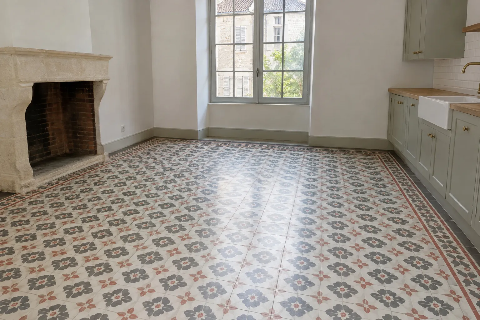Sol de cuisine en carreaux de ciment à motifs, maison de ville ancienne